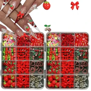Premium 12 Grids Mixed Nail Art Charms Pink Rose Flower Bow Rivet Pearl Rhinestone Resin Decor for Nail Salon Use