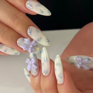 Press Nails High Quality Blue Flower False Nails Medium Almond 3D Design ABS Full Cover Artificial Fingernails 24pcs Fake