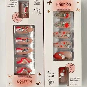 Press On ABS Gel Nails 3D Floral Rhinestone Accents 12 Pcs Set Almond Shape Finger Application Elegant Mixed Design
