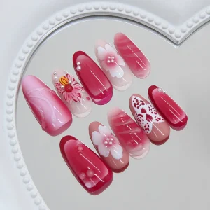 Press on Nails Almond False Nails Brown False Nails Flowers Artificial Nails Handmade Nails 3D Stick on Nails