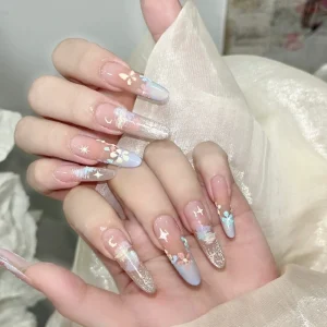 Press on Nails Medium Long False Nails Bling Glossy 3D Flower Artificial Nails Finger Manicure