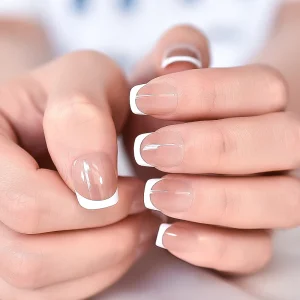 Press on Nails with French Tips Glossy Square Faux Ongles Transparent