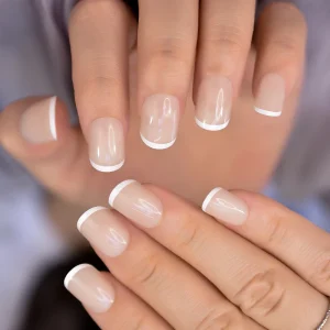 Press on Nails with White French Tips Nude Color Square Full Cover 12Sizes 24Pcs for Daily Wearing
