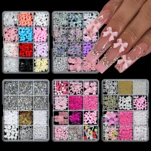 Price Nail Art 12 Grids Mixed Pearl Beads Rhinestone Resin Decorations Pink Rose Flower 3D Nail Charms Mixed Plastic