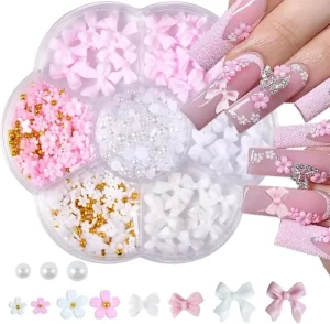 Private Label 3D Bowknot Flower Nail Art Decorations with Steel Beads Pearls Ribbon Nail Design Charms Bow Manicure Accessories