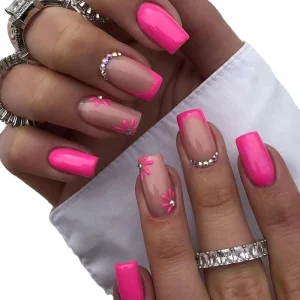 Private Label Custom False Nails Square 3D Flowers French 24pcs ABS Finger Gel Nails Glam Pink