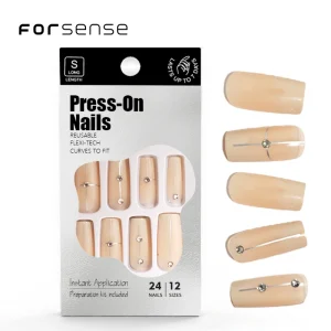 Private Label Elegant False Nail Tips for Women Custom extra Long Nude Press on Nails Short square Luxury Silver Gem Fake Nails