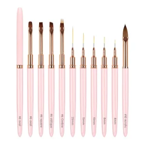 Private Label OEM Custom Logo #2~#24 Pink Handle Liner Gel 100% Pure Kolinsky Hair Acrylic Nail Brush Set