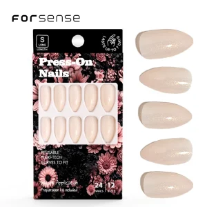Private Label Press on Nails with Jelly Glue Custom pink Solid Color Fake Nails Simple Design Glitter Short Almond False Nails