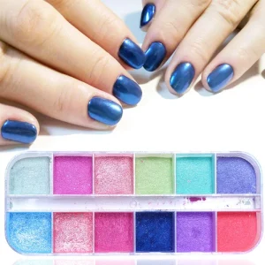 Professional 12 Grids Holographic Dip Powder Colorful Mirror Effect Shimmer Pearl Powder Chrome Pigment Acrylic Nail Powder 30g