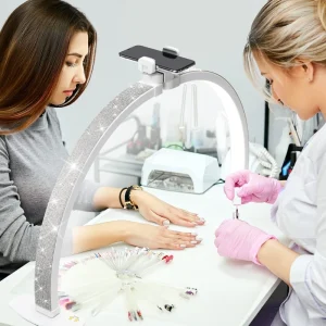 Professional 35W Half Moon LED Nail Lamp Pink Glitter Ring Light with Bling Rhinestones for Manicure Nail Table
