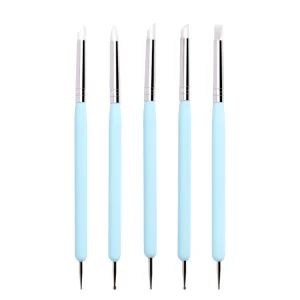 Professional 5pcs set Double Head Blue Handle Nail Art Design Tools Wax Picker Dotting Pen With Silicone Brush