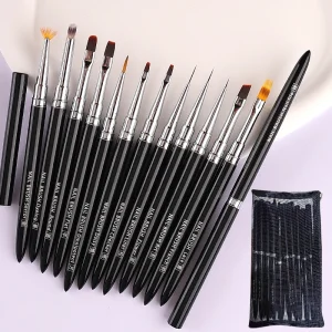 Professional Luxury Nail Art Brushes Set Metal Handle Crimped Ferrule Nylon Bristles Flat Square Round Shapes for Nail Tools