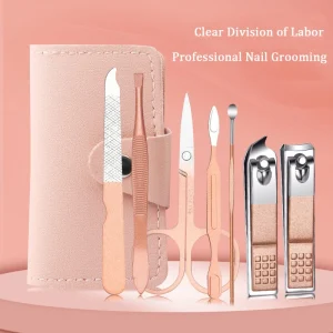 Professional Manicure Tool Seven Piece Set Pink Stainless Steel Curved Blade Nail Clippers Trimmer with Wide Jaw Opening