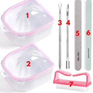 Professional Nail Gel Polish Remover Set 7 Pcs Nail Buffer File Cuticle Pusher Scraper With Nail Brush and Soak Bowl