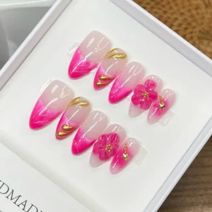 Purely Handmade Carved Gradient Three Dimensional Pinched Flower Design Nail Art Wearable Nail Tips French Style Pointed
