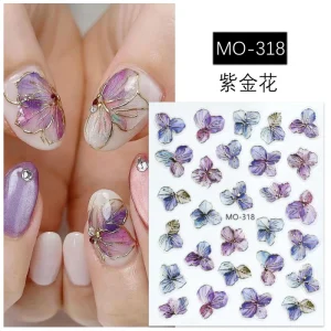 Purple Flowers Petal Nail Art Stickers Adhesive Sliders Design Nail Decals Nail Charms Decorations
