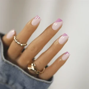 Purple White Color Block Short Waterproof Removable Acrylic False Artificial Tips Art Press on Nails