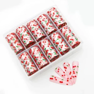 Qianya 4X100CM Cherry Nail Transfer Foils Roll Set Valentine’s Day 3D Nail Art Foil Stickers 100pcs Plastic Box