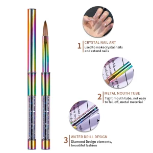 Rainbow Metal Handle with Black Rhinestone Elements 100% Kolinsky Acrylic Nail Art Brush for Acrylic Nail Customize Logo