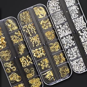 Rectangular Gold Metal Tips 3D Hollow Nail Art Designs with Plastic Adornment for Nail Decorations