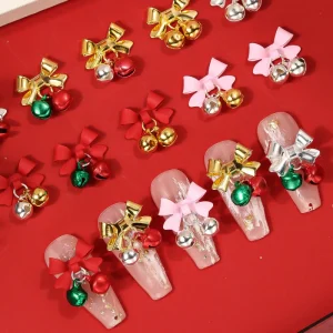 Red Bell Bow Nail Charms Pendant Nail Art Decorations Alloy Bow Bell Christmas Nail Charms for Nails