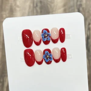 Red French Tip 3D Flower Acrylic High Quality Handmade Press on Nails