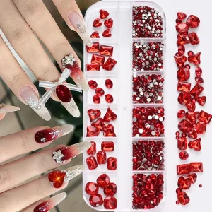 Red Glass Mixed Shape Nail Rhinestones Stones Shiny Square Round Heart Pointed 12Grids Decoration Luxury Manicure Jewelry Stones