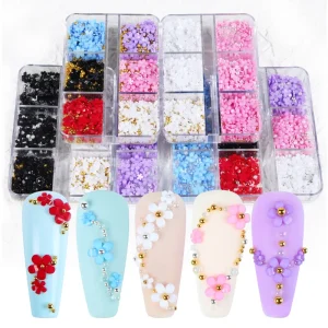 Resin Flower Nail Charm Decals Decoration Pearl Gold Beads Mini White 3D Acrylic Flower Nail Art for Nail Salon