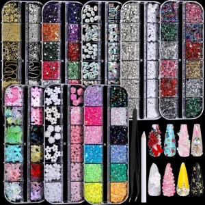 Resin Multi Shape 3D Nail Charms Rhinestones (80-100 Pcs) Colorful Flower Design Non-Hotfix Nail Art DIY Craft