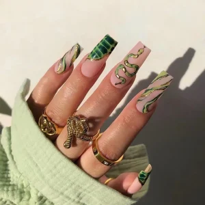 Retro Green Gold Luxury Little Snake Wave Acrylic High Quality False Artificial Tips Art Press on Nails