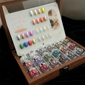 Retro Wooden Box 24 Colors Nail Powder Set Ice Transparent Super Bright Magic Mirror Aurora Nail Art Pigment Powder
