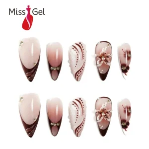 Reusable Gradient Burgundy Floral False Nails Glossy Rhinestone Handmade Wearable Press On Nails Almond Shape Nagels Op Maat