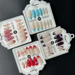 Romantic Elegant Luxury Almond Shape Gel Nails Easy Press On Finger Heart Rhinestone Design Pre-designed 12 Pcs Set ABS