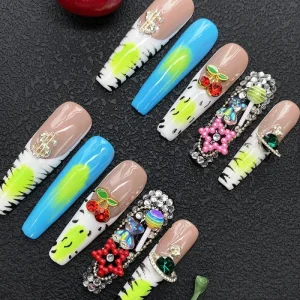 Salon Design 3D Decoration Glossy Handmade Nail Press on 10PCS Thick Acrylic Artificial Fingernails with Glue Tools Manicure Art