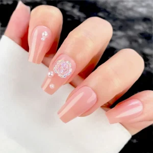 Salon Quality Peach Pink 3D Blossom Pearl Accent Coffin False Nails Artificial Finger Press on Nails