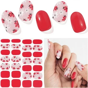 Semi Cured Gel Nail Strips Red 28pcs Salon Quality UV Nails Easy Apply Home DIY Made in China