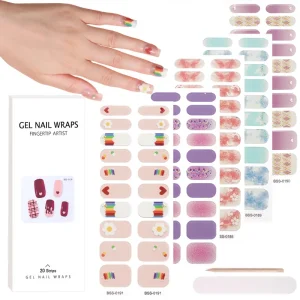 Semi Cured UV Nail Art Stickers Kits Rainbow Color Flower Heart Nail Gel Strips Nail Polish Wraps