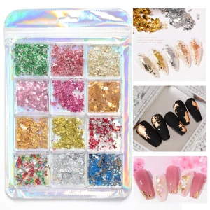 Set 12 Decorative Edible Gold Nail Foil Flakes Gilding Metallic Leaf for Nail Art Resin Jewelry Making Colored Stickers Decals