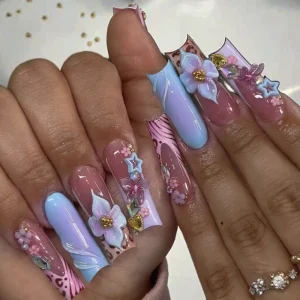 Set 24 Acrylic 3652 Kitty Nail Art Design Cute Pink Bow Short Square French Press Nails for Finger Artificial Fingernails