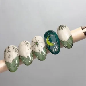 Set of 30 Trending Press On Nails Almond Shape in Jade Green Hand Painted with Gilded Moon Starry Sky Designs