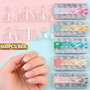 Short Almond Oval ABS Nail Tips 600pcs Ultra Thin Semi Matte No Grind Artificial False Nails for French Square Nail Extension