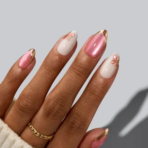 Short Almond Pink Cat Eye Luxury False Fake Nails Soft Gel 3D Flower Spring French Design Press on Nails Manufacturers