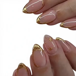 Short Almond Press Nails French Tip 3D Gold Line Star Design Glossy Full Cover Acrylic Pre Designed Reusable Glue Stick Finger
