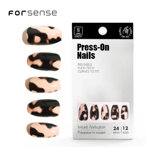 Short Ballerina Press on Nails Designer False Nail Tips Non C Curve Black Cowprint Nude Fake Nail Packaging