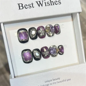 Short Purple Starlight Eye 3D Flower Carved Tips Acrylic Handmade Press on Nails
