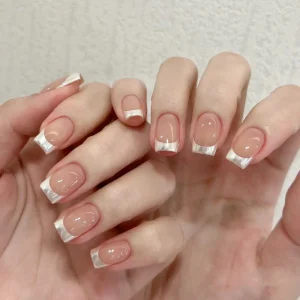 Short Square Glitter Edge French Tips Premium Press on Nails 24pcs