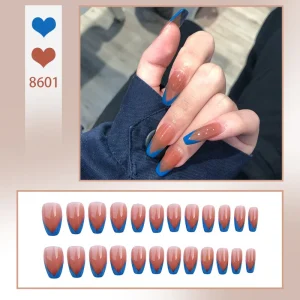Short Square Nude Press on Nails with Blue V French Tips Reusable False Nails for Daily Office & Party