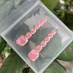 Short Square Press on ABS Material Artificial Toe Nails with French Tips Glazed Toenails Pre designed 3D Nail Art Full Cover