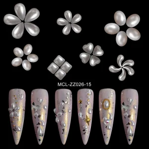 Silver Pearl Nail Art Charms Mixed Flower Heart Square 3D Nail Decorations Elegant Resin Pearl Nail Supplies for Salon DIY